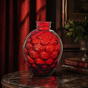 May include: A vibrant red glass vase with a textured, bubble-like surface. The vase has a rounded body and a narrow neck. It sits on a marble-topped table, with a red curtain in the background. Decorative home decor.