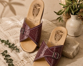 Worishofer Niemcy lakierowane klapki na koturnach z korka damskie US 6.5 Mauve