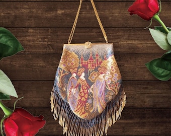 Antique Style Beaded Purse Gold Chain Fringe Evening Bag