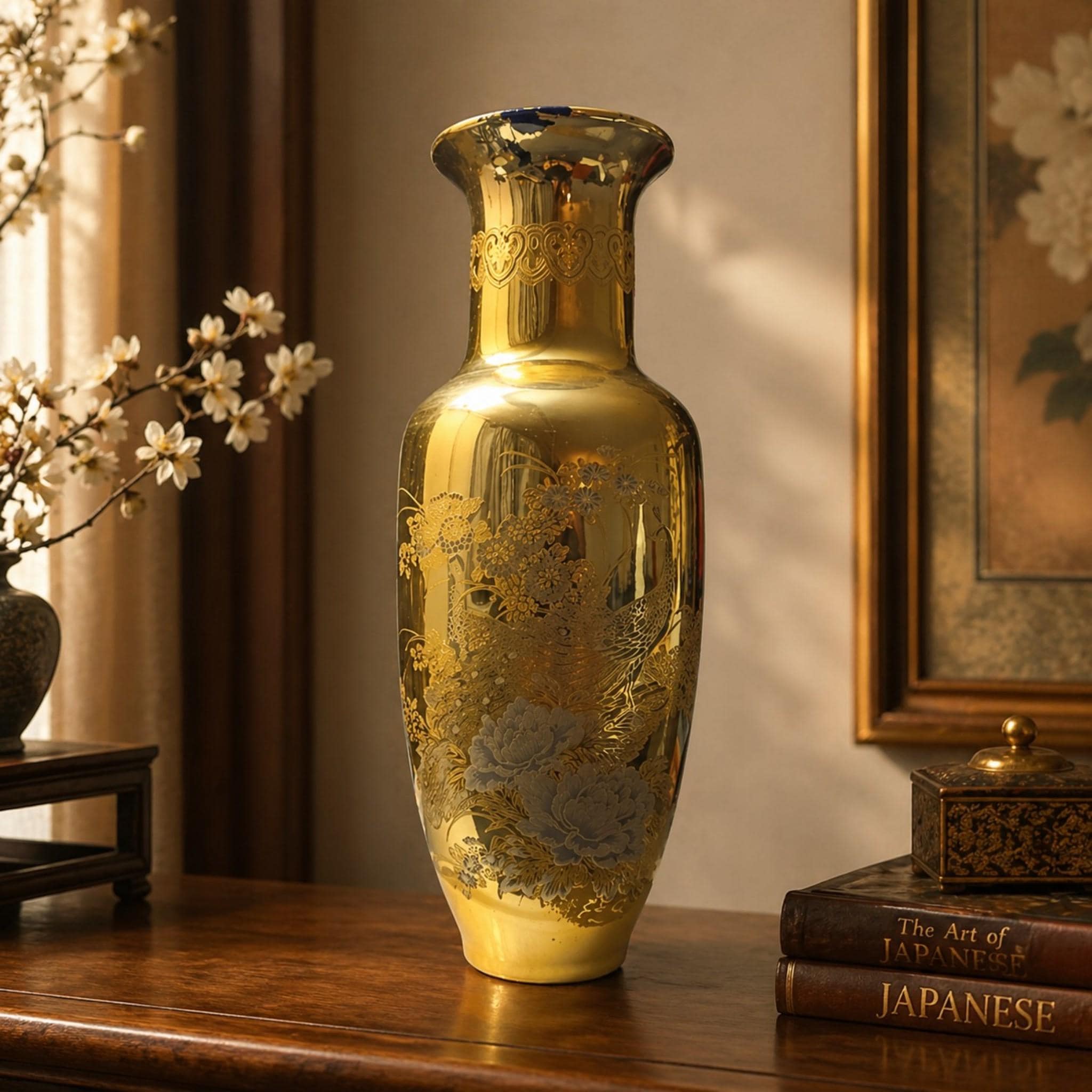 Gold Overlay Vintage Peacock Floral Vase 11” Japan Mid Century