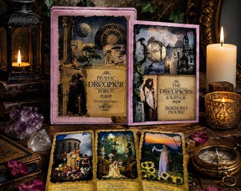 Può includere: Un set di tarocchi mistico con un diario, candele e una bussola. La scatola dei tarocchi è lilla chiaro con le parole "Mystic Dreamer Tarot" e "The Dreamer's Journal" sul davanti. Vengono mostrate tre carte dei tarocchi, ognuna con illustrazioni e titoli unici.