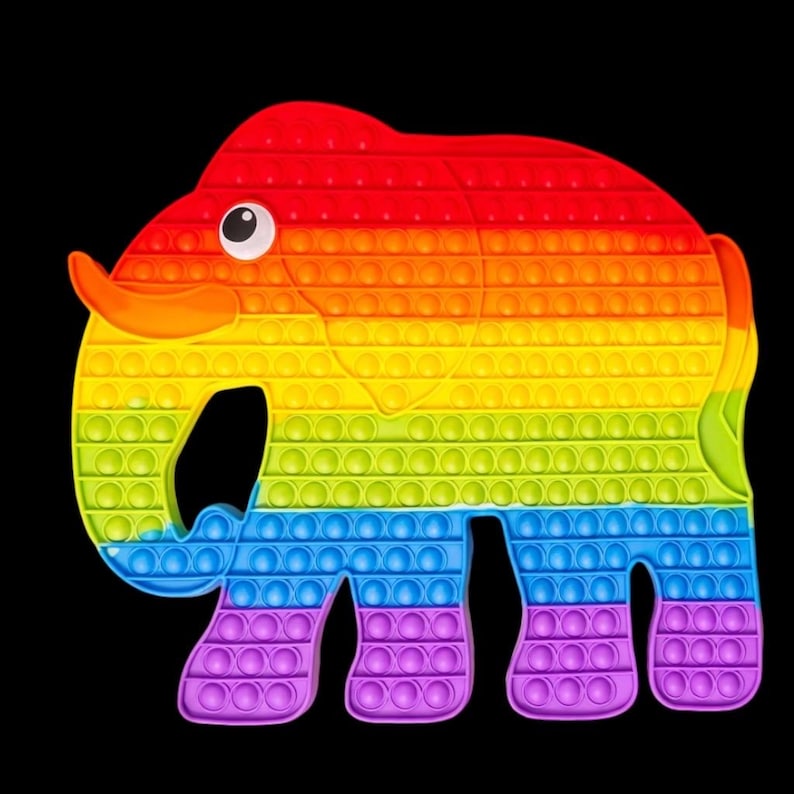 May include: A colorful elephant-shaped sensory toy with a rainbow gradient design. The toy features multiple circular bubbles that can be pushed in and out, providing tactile stimulation. The elephant has a trunk, ears, and legs, all in vibrant colors against a black background.