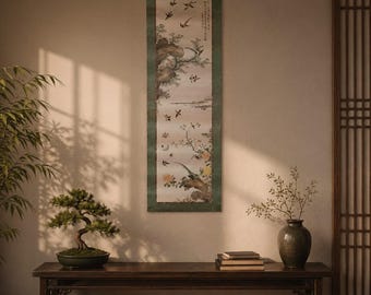 Wandbehang Vintage Asiatische Schriftrolle Vögel, Blüten Und Kalligraphie