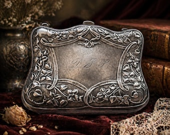 Antique German Silver Art Nouveau Floral Card Case Repousse With D.J. Engraved On Front