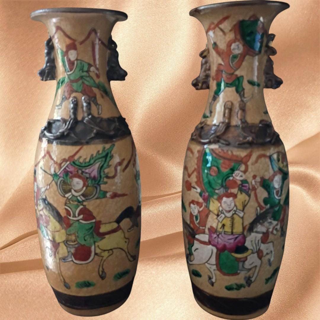 Vase Chine XIXème Lion Bouddhique Et Poème état Très Bon