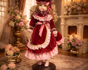 Brass Key Porcelain Doll Victorian Style Red Velvet Dress 18” Approx Size Blonde