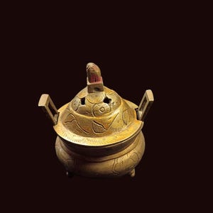 Chinese brass censer incense burner with foo dog lid –