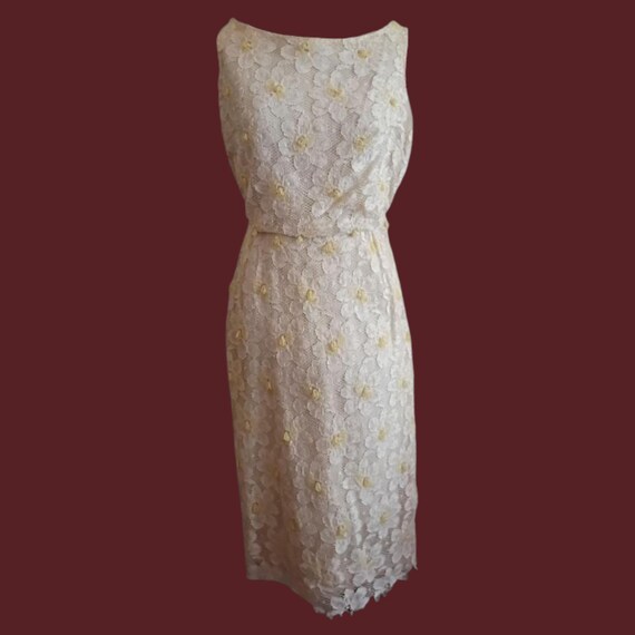 Lace Sheath Dress Ivory With Yellow Floral Design Vintage 1960s Elissa Of California.