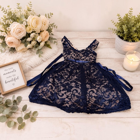 navy holiday party dress Girls Blue Lace Flower Girl Wedding Formal Dress With Satin Ribbon Special Occasion Dress FallWinter22'