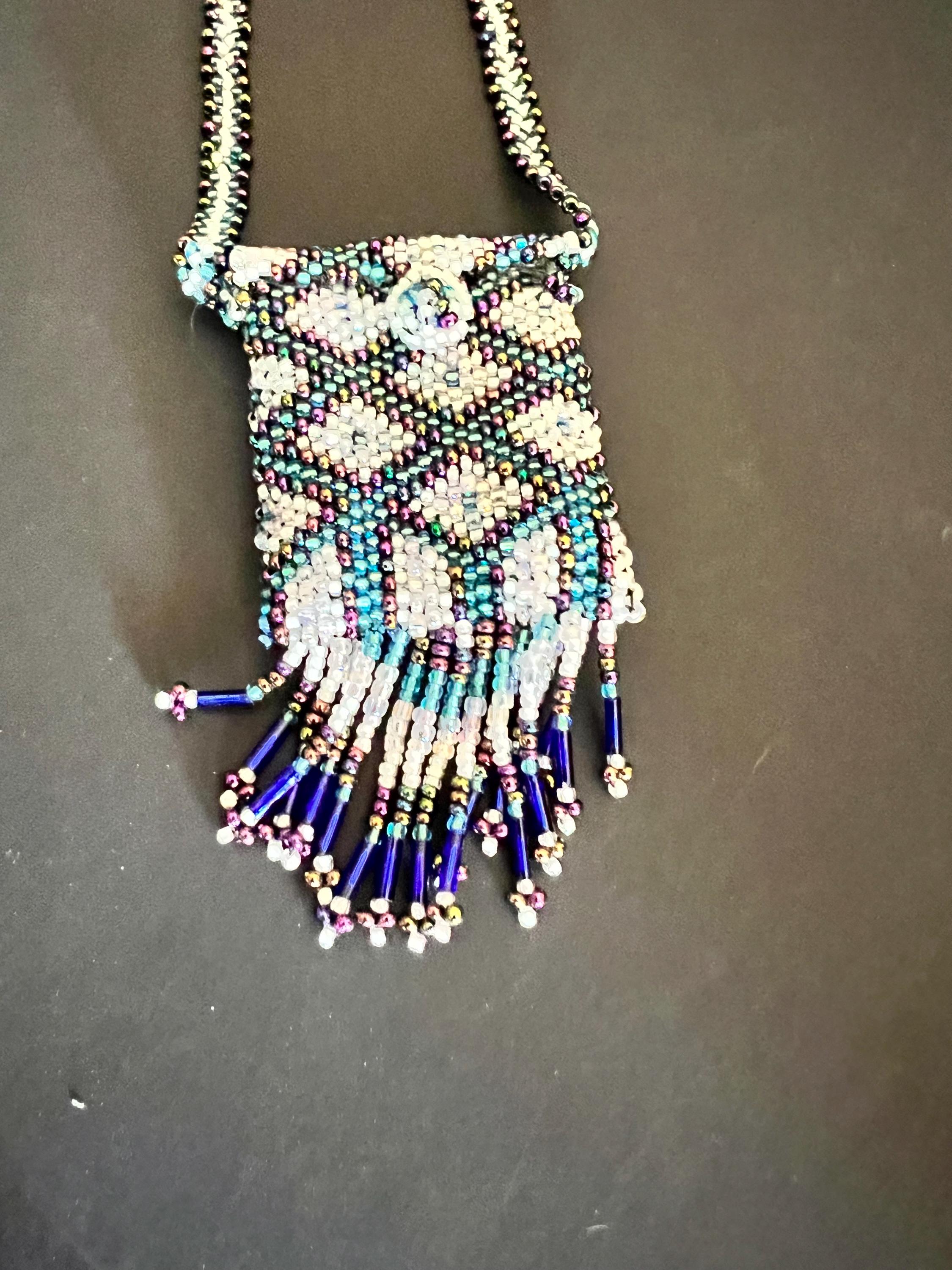Handmade Beaded Amulet Bag Vintage Fringe Pouch Multi Color Seed
