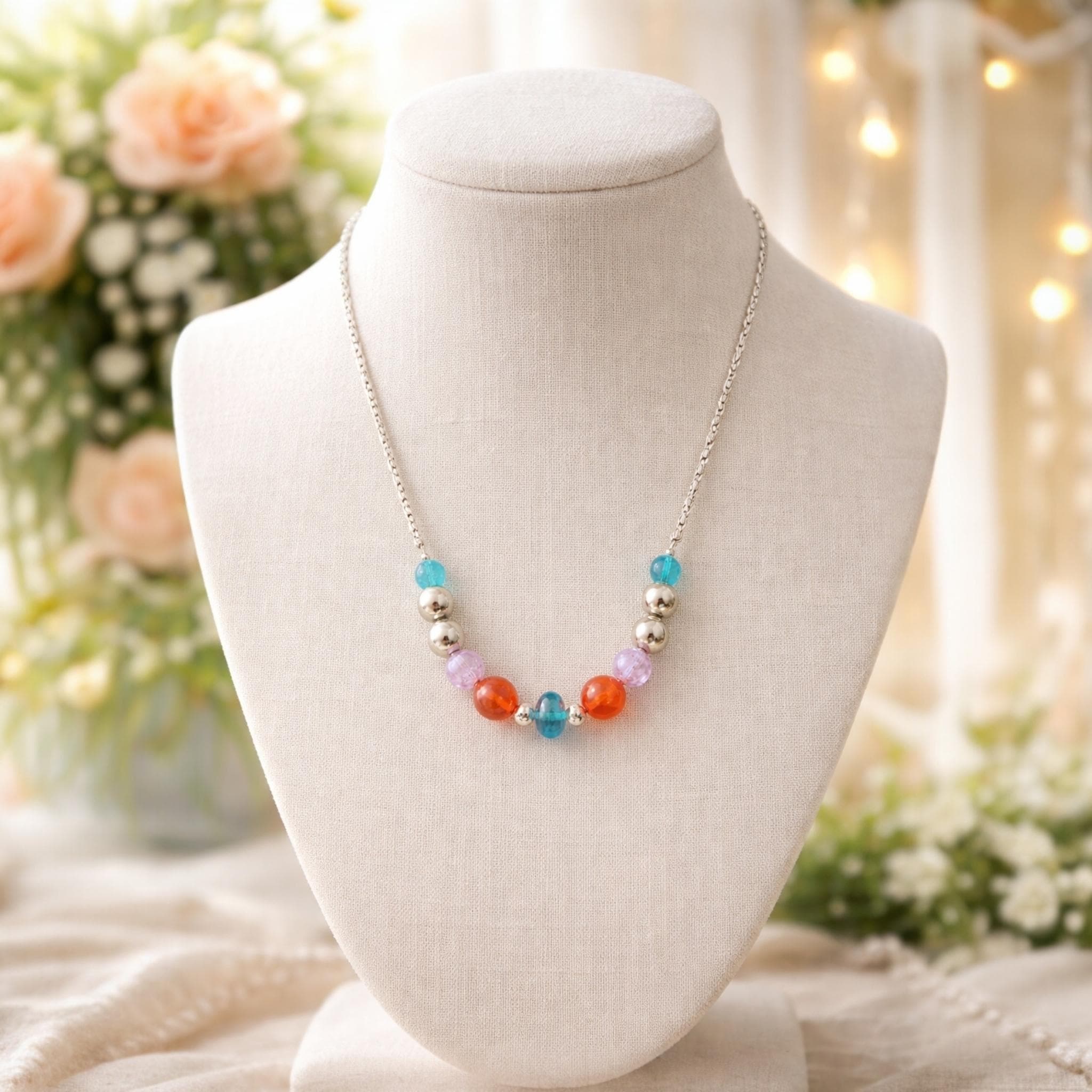 Grand COLLIER sautoir cordon beige perles roses marron bijou vintage