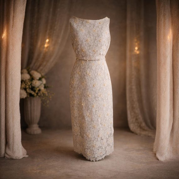 Lace Sheath Dress Ivory With Yellow Floral Design Vintage 1960s Elissa Of California.