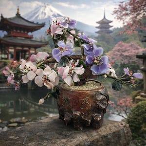 Chinese Glass Bonsai Flower In Wooden Pot Handcrafted Decor