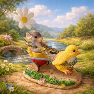 May include: A whimsical figurine featuring a mouse in a yellow wheelbarrow being pulled by a yellow bird. The mouse holds a large daisy, and both are adorned with floral garlands. The scene is set in a lush garden with a river and bridge in the background.