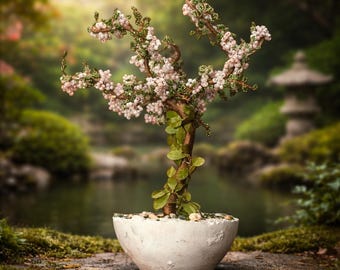 Beaded Bonsai Tree Sculpture Handcrafted Pink And Green Beads Wire Art Decor