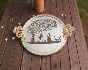 Elegant Glass Mirror Tray With Crystal Edge And Brass Handles Display Piece
