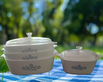 Corning ware vintage blue cornflower 4 piece casserole baking dish set with lids
