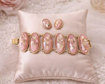 Rosa Muschel Armband und Ohrclips Vintage Gold Ton Set 1970er Jahre