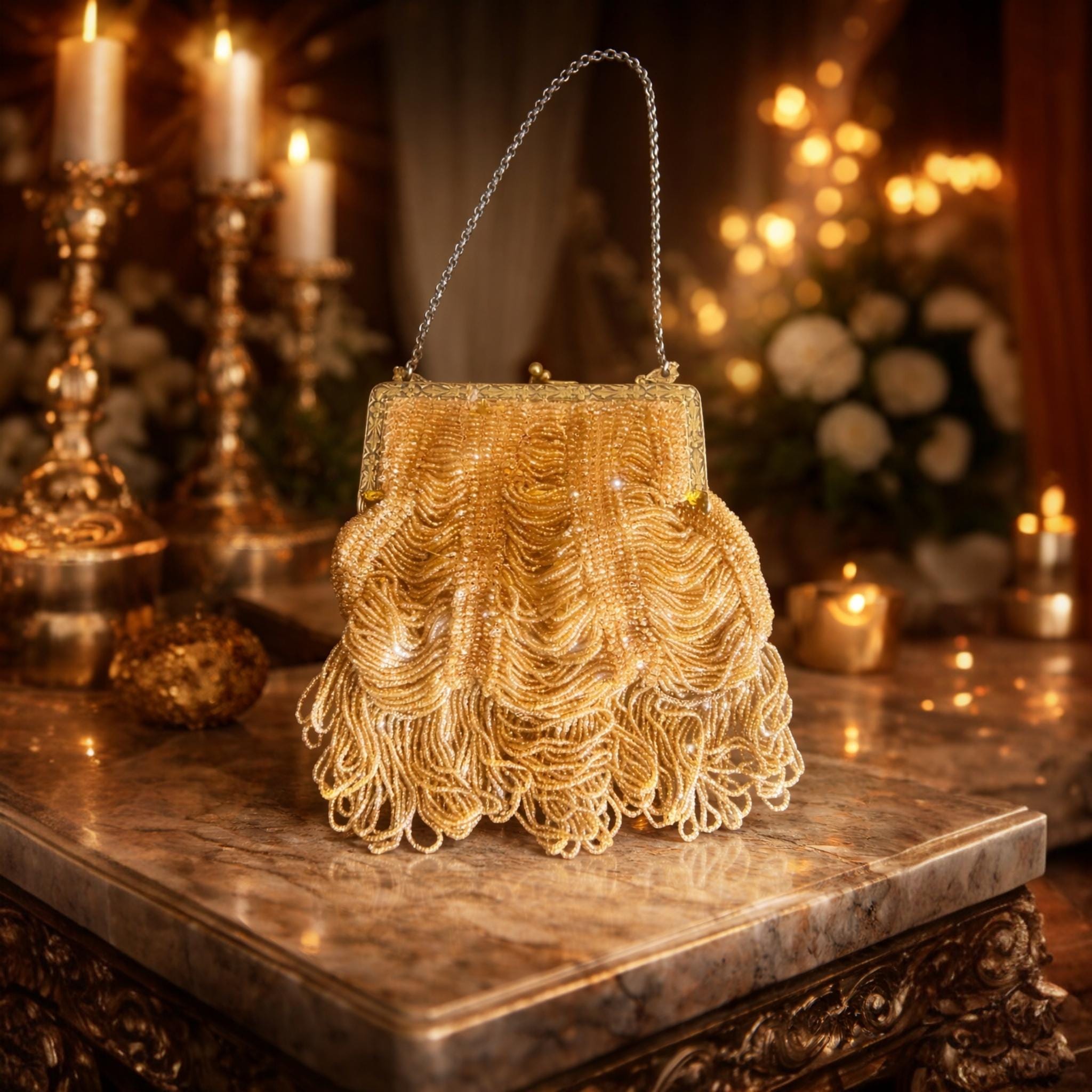 アンティークバッグ パーティーバッグ ビンテージ セルロイド？ majestic Vintage Gold Beaded Evening Bag Art Deco Flapper Purse 1920's