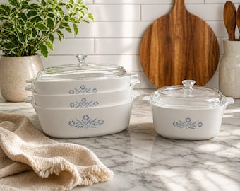 Corning Ware Vintage Blau Cornflower 4-teiliges Auflaufform-Backform-Set mit Deckeln