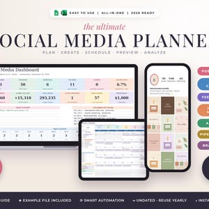 Può includere: Un modello digitale di pianificatore per social media con dashboard, calendario e anteprima del feed mobile. L'interfaccia mostra metriche come post, pubblico e copertura. Include pulsanti per la pianificazione, l'analisi e le collaborazioni, con 8 piattaforme e 21 schede.