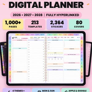 May include: An all-in-one digital planner for 2026, 2027, and 2028 featuring 1,000+ pages, 213 templates, 2,364 stickers, and 80 covers. The interface includes fully hyperlinked tabs, 4 themes, dark mode, and calendar links.
