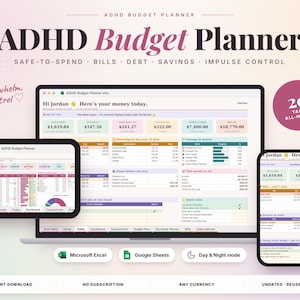 Op de afbeelding: Een digitaal ADHD Budget Planner spreadsheet getoond op een laptop, tablet en smartphone. De interface bevat kleurrijke secties voor rekeningen, schulden, spaargeld en impulsbeheersing, met tekst zoals 'ADHD Budget Planner' en '20 TABS ALL-IN-ONE'.