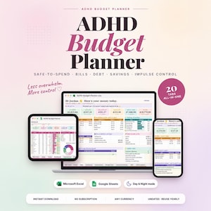 ADHD Budget Planner Spreadsheet Google Sheets Excel, Paycheck Budget, Bill Tracker, Expense Tracker, Savings Tracker, Dark Mode