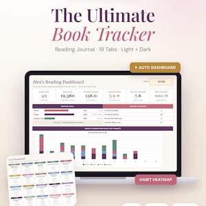 May include: A digital book tracker spreadsheet for Excel and Google Sheets titled The Ultimate Book Tracker. It features a reading dashboard for 2026, displaying statistics like books read, pages, audiobook hours, ratings, and a monthly bar chart.