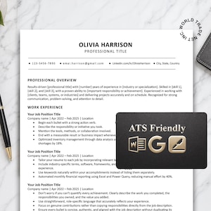 May include: A professional resume template for Olivia Harrison featuring sections for professional overview, work experience, and education. A black rectangular card overlays the document with the gold text ATS Friendly and three gold icons.