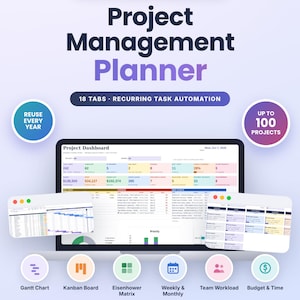 Könnte beinhalten: Ein digitaler Projektmanagement-Planer für Microsoft Excel und Google Sheets mit Dashboard, 18 Registerkarten und Aufgabenautomatisierung. Er unterstützt bis zu 100 Projekte und bietet Ansichten für Gantt-Diagramme und Kanban-Boards.