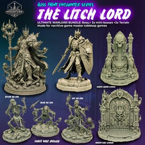 May include: A set of grey resin tabletop gaming miniatures titled The Litch Lord, including a central boss figure with a staff, a knight with a shield, a skull-adorned throne, a gate, and three skeleton figures labeled Speak No Evil, Hear No Evil, and See No Evil.