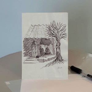 Olive tree with a house printed picture (No. 70), ink drawing by Haim Israel, Greeting card + envelope