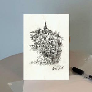 A charcoal drawing of Jerusalem's landscape Printed postcard (No. 17), Greeting card + Envelope