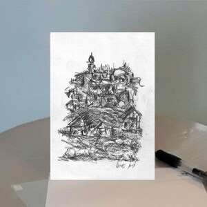 Israeli landscape - black pencil on chrome paper Printed card (No. 22), Greeting card + Envelope