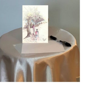 Carte imprimée (n° 44), La rencontre de deux amoureux, Format carte postale + enveloppe, Carte de vœux, Dessin photo par Haim Israël