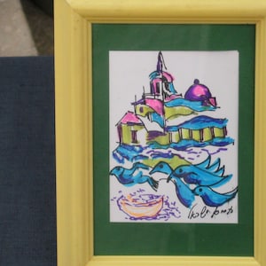 Dessin original d’un paysage avec un troupeau d’oiseaux turquoise - Dessin à la plume et à l’aquarelle