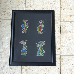4 Black miniature drawings in one frame, Original pen drawing, Flowers pictures, free style original art, White pen with colors, Black frame