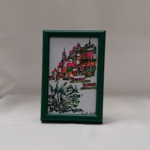 An original drawing of the Jerusalem landscape - Houses and plants - In a green frame