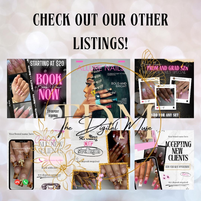 Pu&ograve; includere: Grafica promozionale per servizi di unghie. L'immagine presenta vari design di unghie, tra cui acrilici e manicure in gel, con sovrapposizioni di testo come "Prenota ora", "Allure Nails" e "Accepting New Clients". Il tema generale &egrave; la promozione dei servizi di nail art.