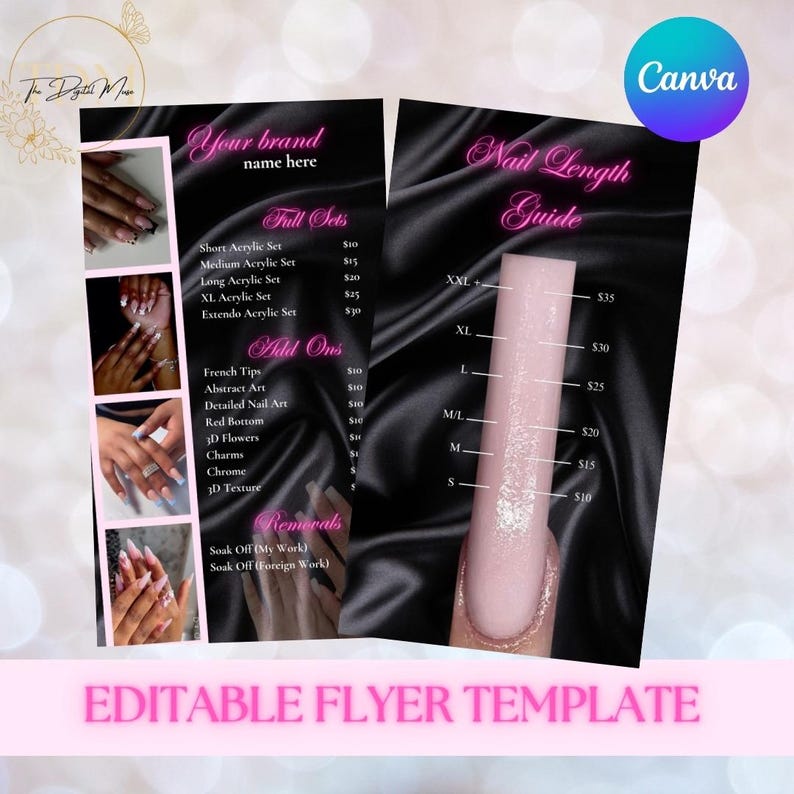 Pu&ograve; includere: Un modello di volantino rosa e nero per servizi di unghie. Il volantino include una guida alla lunghezza delle unghie e un listino prezzi per set completi, componenti aggiuntivi e rimozioni. Il testo "Editable Flyer Template" &egrave; in basso.