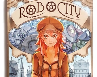 May include: A book cover for "ROBOCITY" by Marlon Teunissen. The illustration features a young person with orange hair and a brown outfit holding a yellow robot. The background shows a cityscape with robots and gears, with the title at the top.