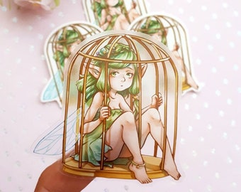 Cute clear vinyl ( transparent) Caged Fairy sticker - journalling sticker - planner stickers - kawaii stationary - cottagecore - Fairycore