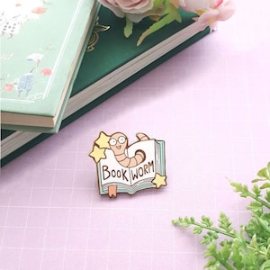 Bookworm enamel Pins, Cute book lover pin, Cottagecore