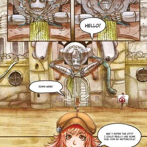 May include: Comic strip illustration with steampunk robots and a young woman. The robots say "Hello" and "Down Here!" The woman holds a fuel can and thinks, "May I enter the city? I could really use some fuel for my motorcycle!"