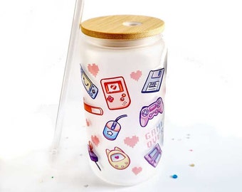 Kawaii gamer Cup Iced Coffee Glass, Glass Can with Bamboo Lid and straw, Cute, Kawaii Cup, gamer girl, Cup, Drink,