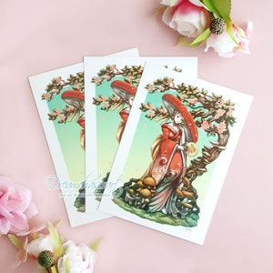 May include: Three prints of a woman in a red and white kimono standing under a mushroom tree with pink flowers. The woman is holding a fan and a small round object. The background is a light green and blue gradient.