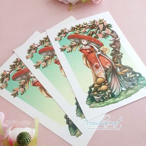 May include: Three prints of a woman in a red and white kimono standing under a mushroom with pink flowers. The woman is holding a mushroom in her hand. The background is a green and blue gradient with white flowers.