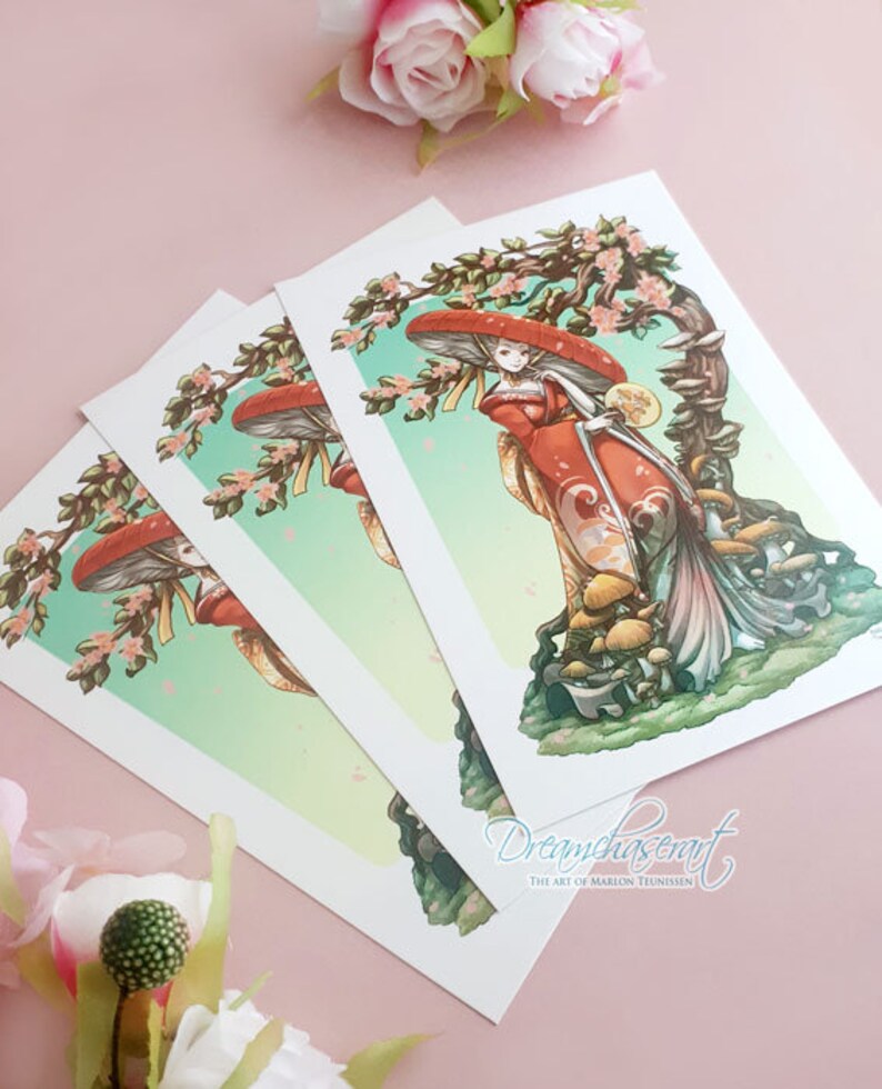 May include: Three prints of a woman in a red and white kimono standing under a mushroom with pink flowers. The woman is holding a mushroom in her hand. The background is a green and blue gradient with white flowers.