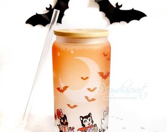 Kawaii kitty treat or treat halloween drink cup, Glass Can with Bamboo Lid and straw, Cute, Kawaii Cup, cats, Cup, Drink